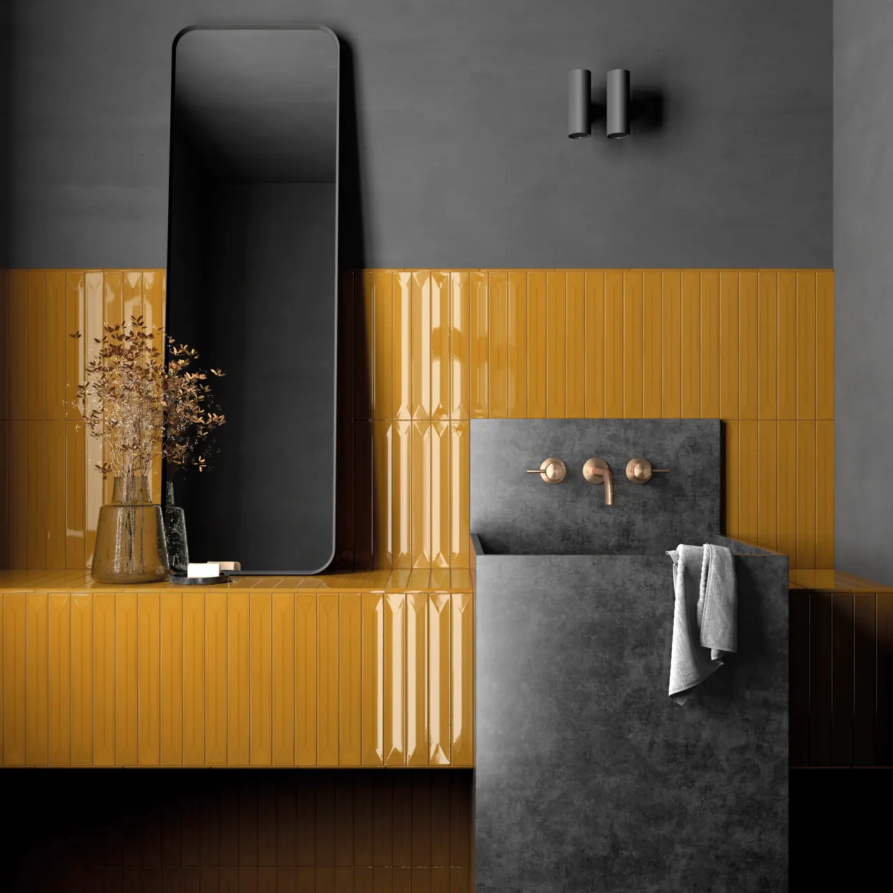 Elegant bathroom with wave pattern wall tiles