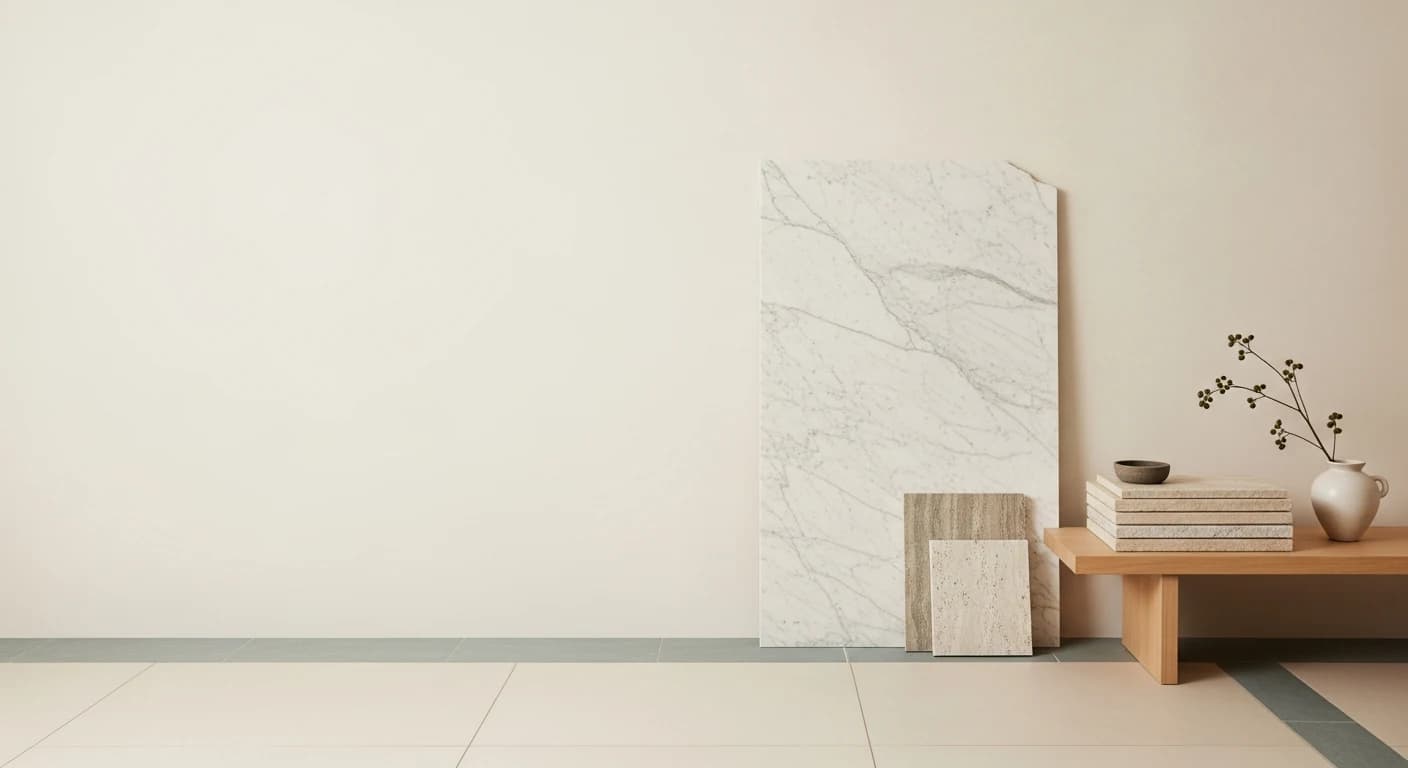 A quiet showroom corner — honed marble slab against a limewashed wall