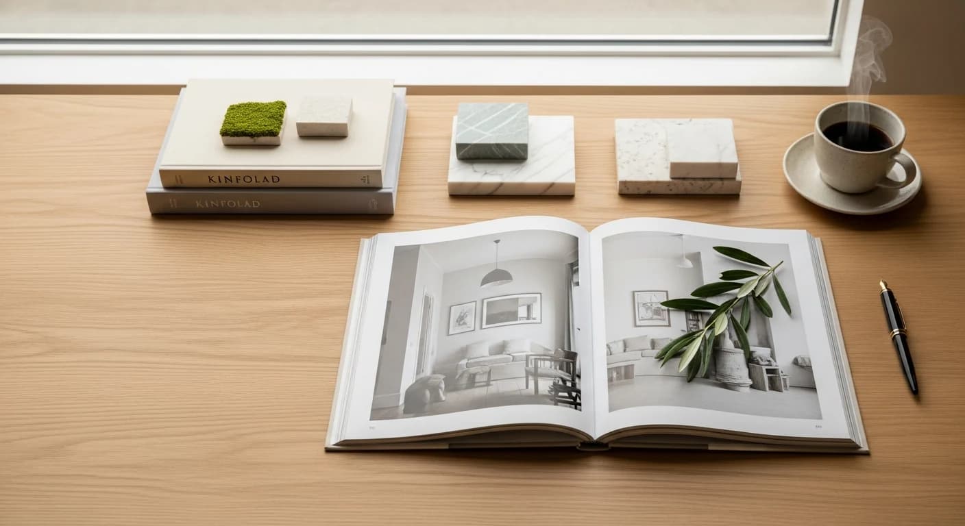 An open design book and tile samples on a pale oak desk