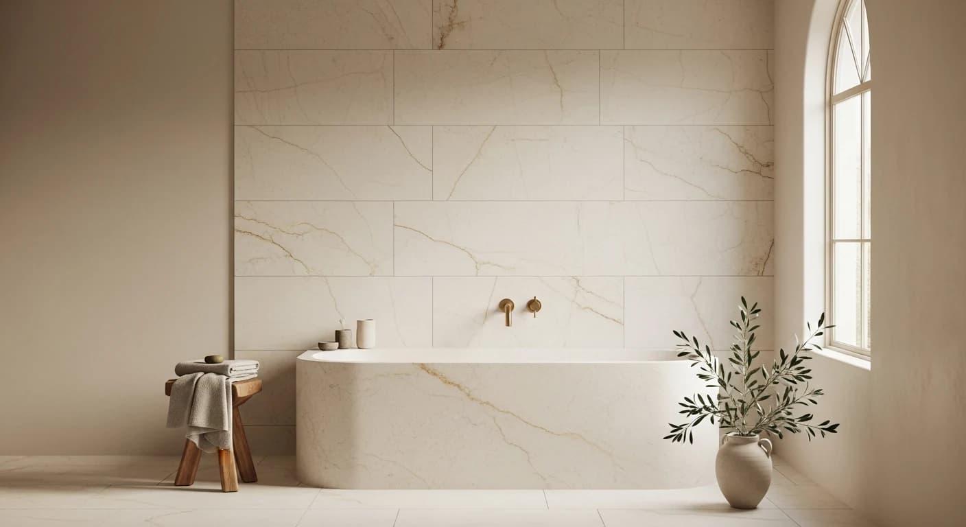 A serene South Bay bathroom — stone bathtub against honed marble tile