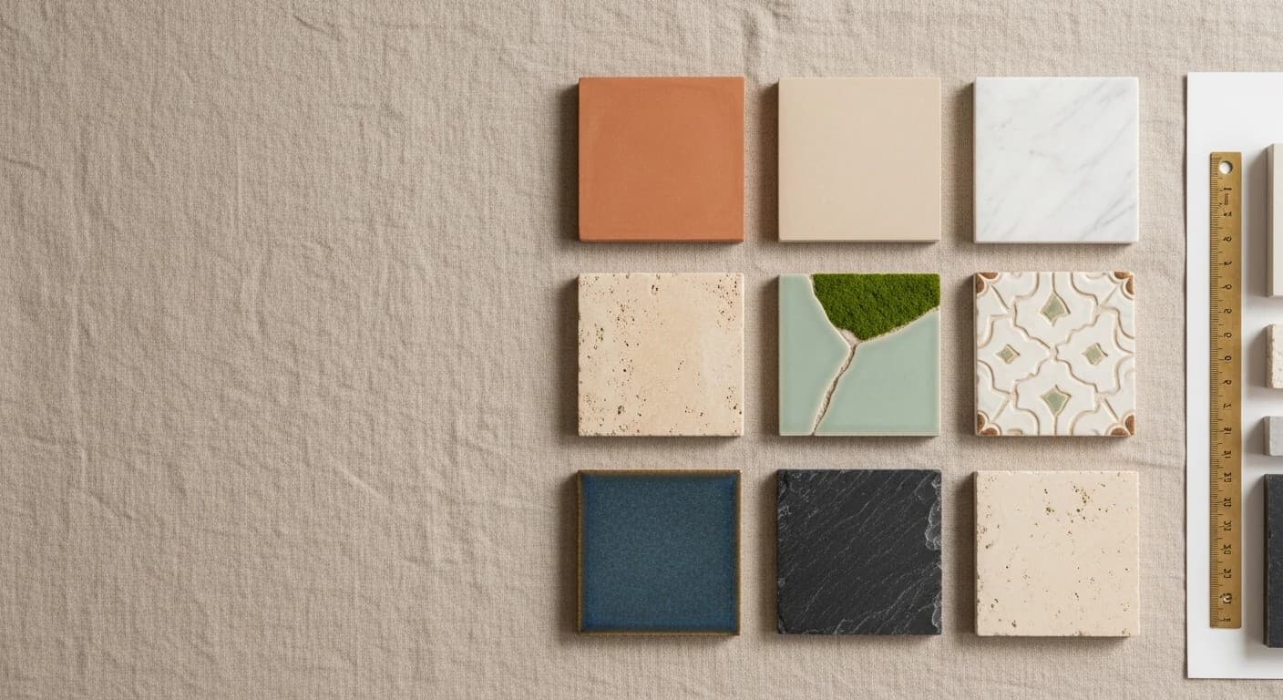 A flat-lay of nine 4-inch tile and stone samples on linen