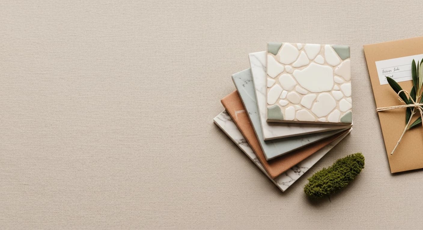 A small stack of tile samples on linen, fanned out