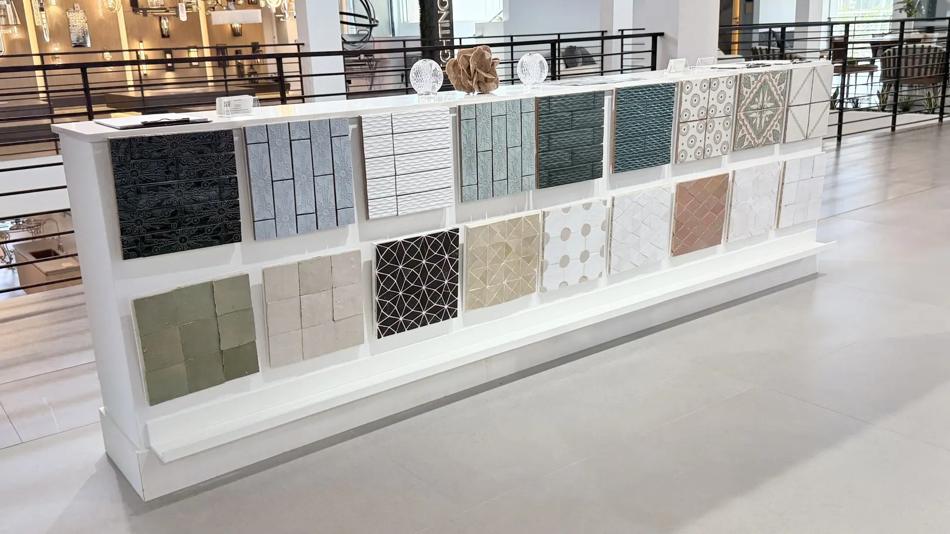 The long sample counter running the length of the Segna Tile showroom