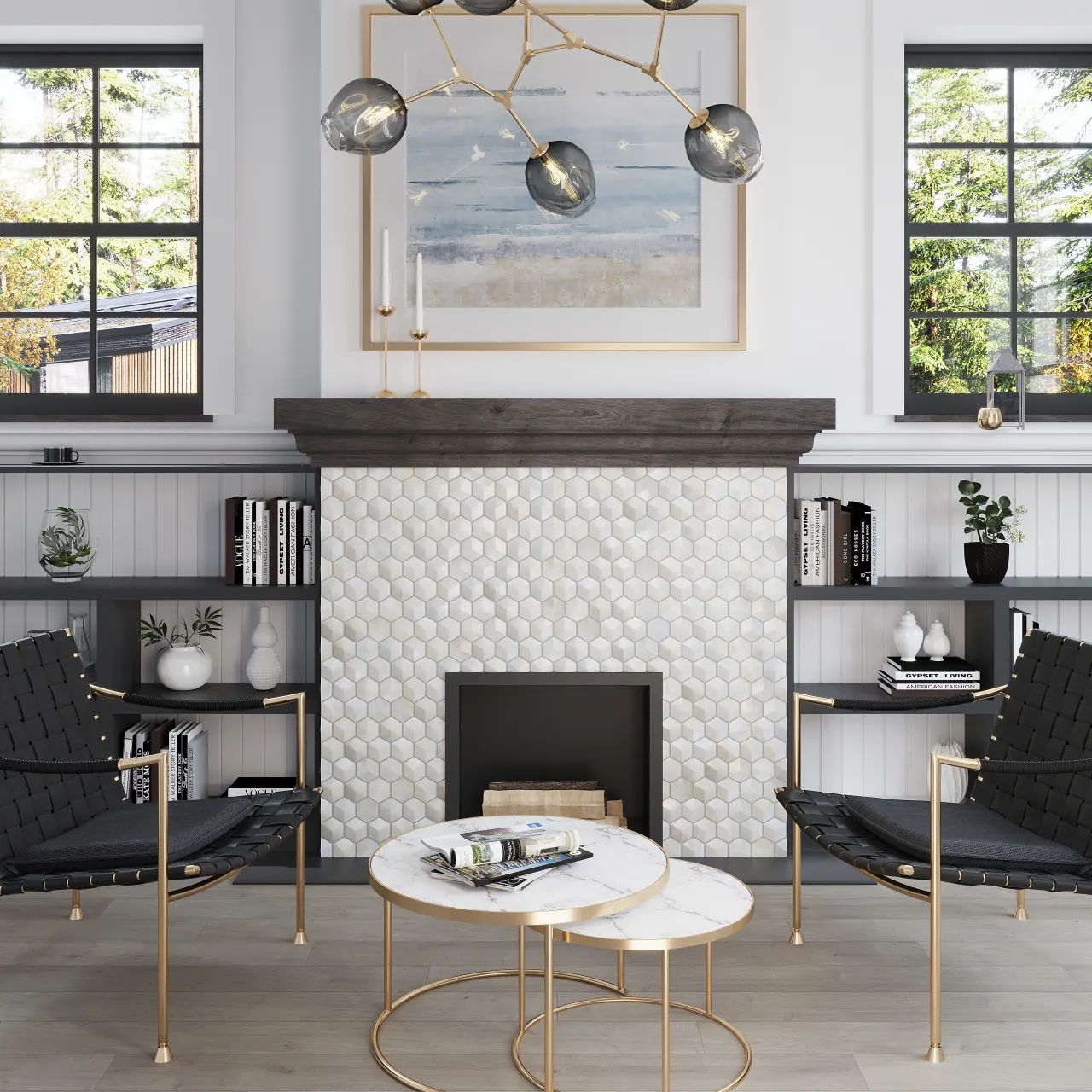 Modern living room with large format floor tiles