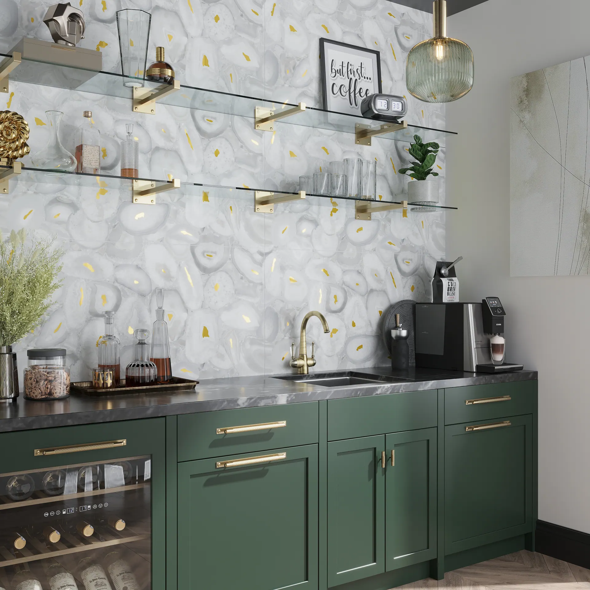 White and gold kitchen backsplash tile installation by Segna Tile