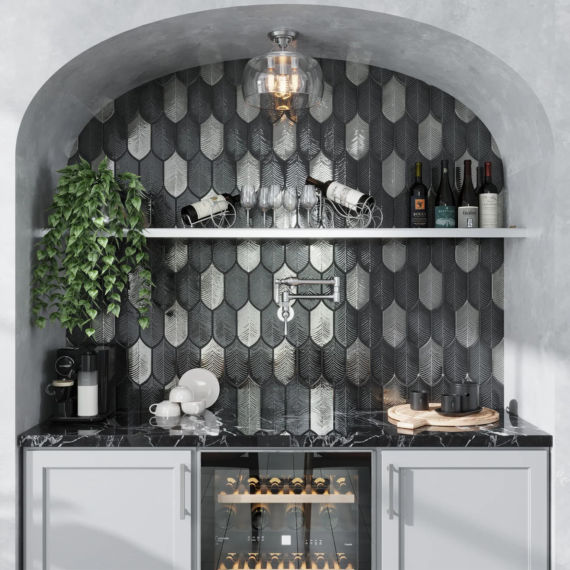 Platinum and black kitchen tile combination
