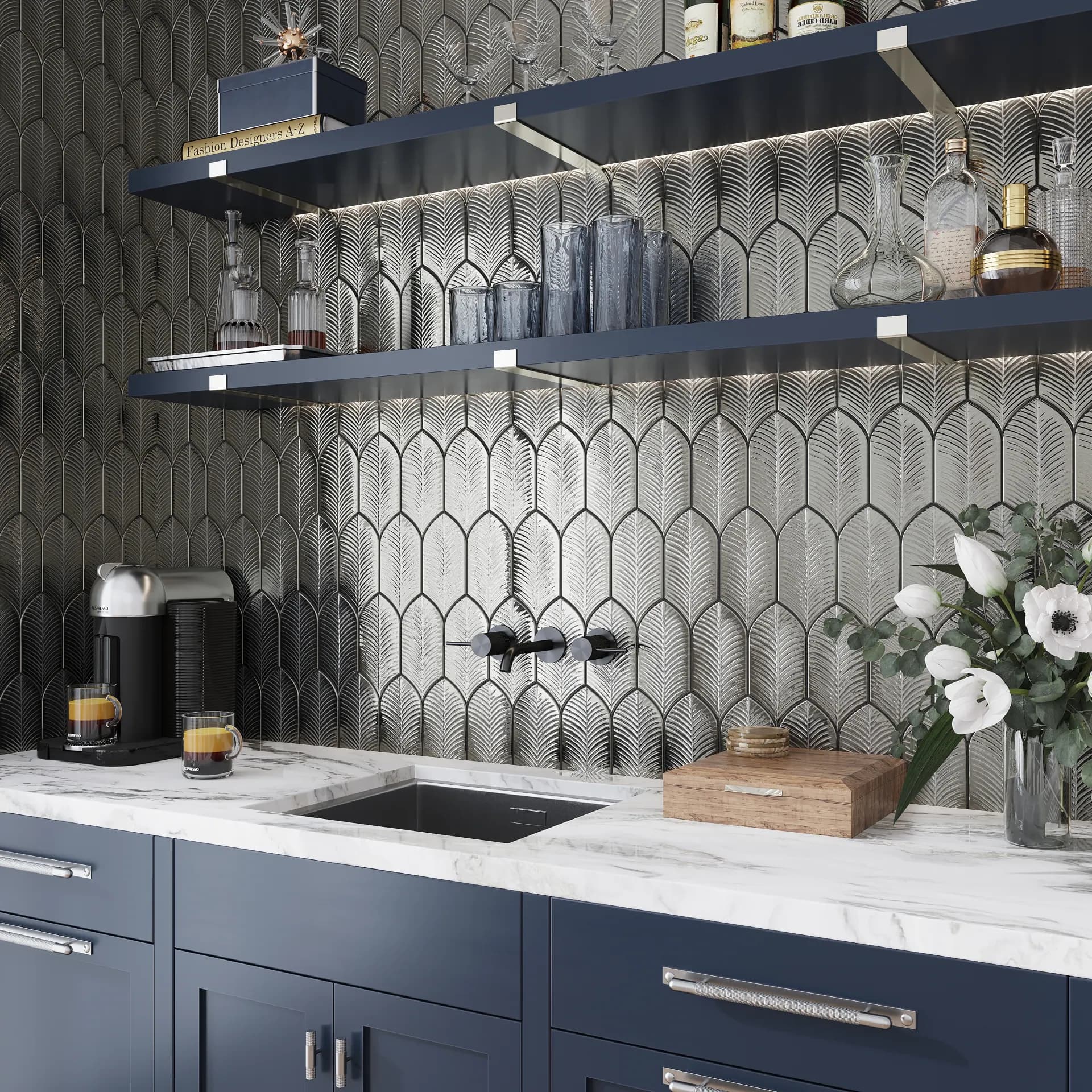 Platinum finish kitchen tile installation