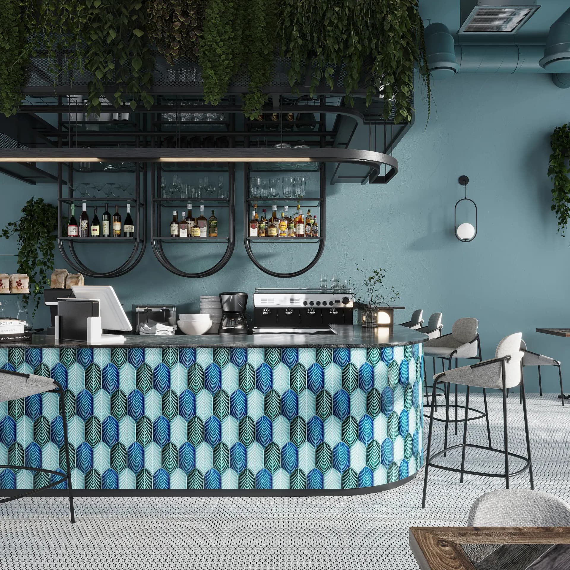 Sky blue and jade crackle kitchen tile design