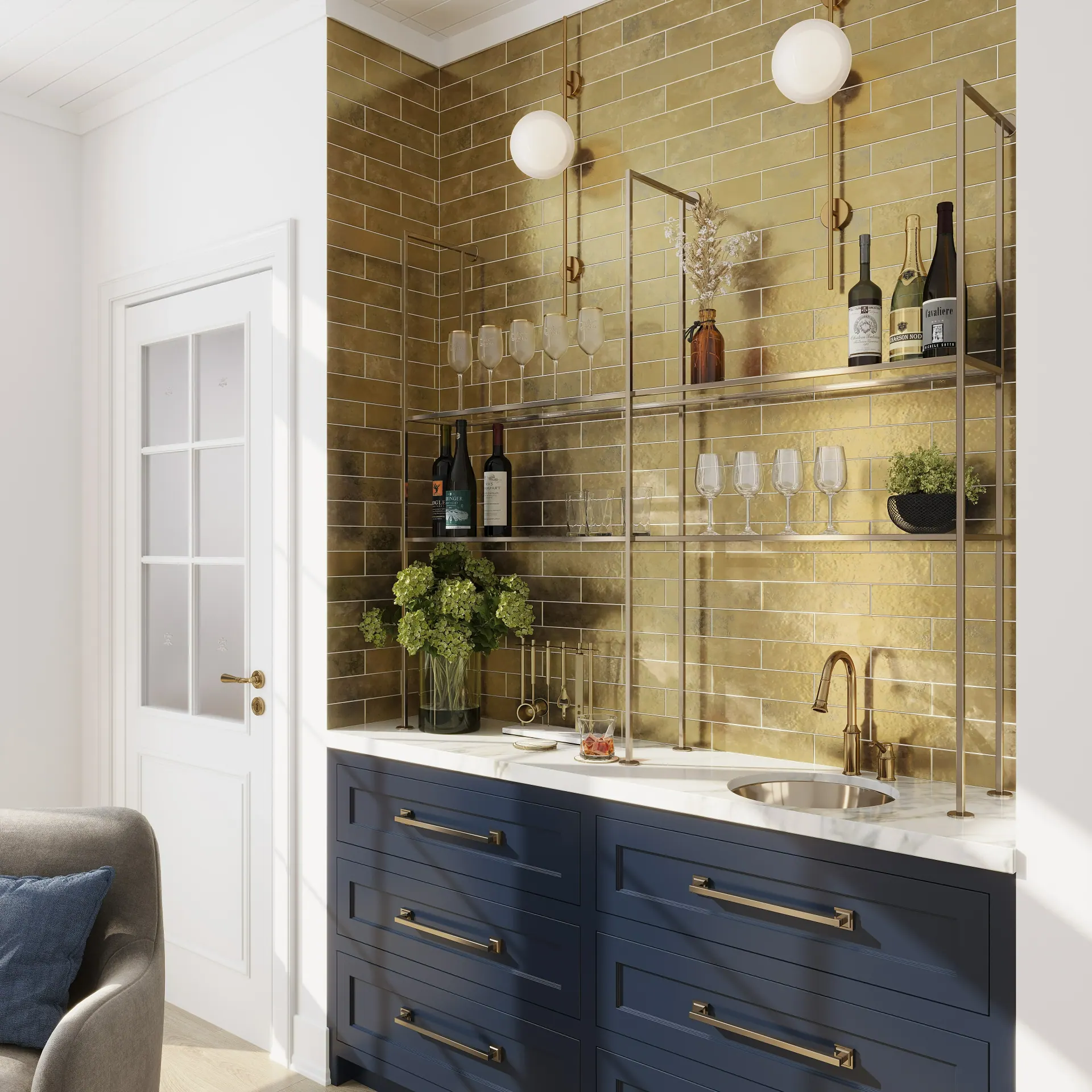 Gold accent kitchen tile installation view 1