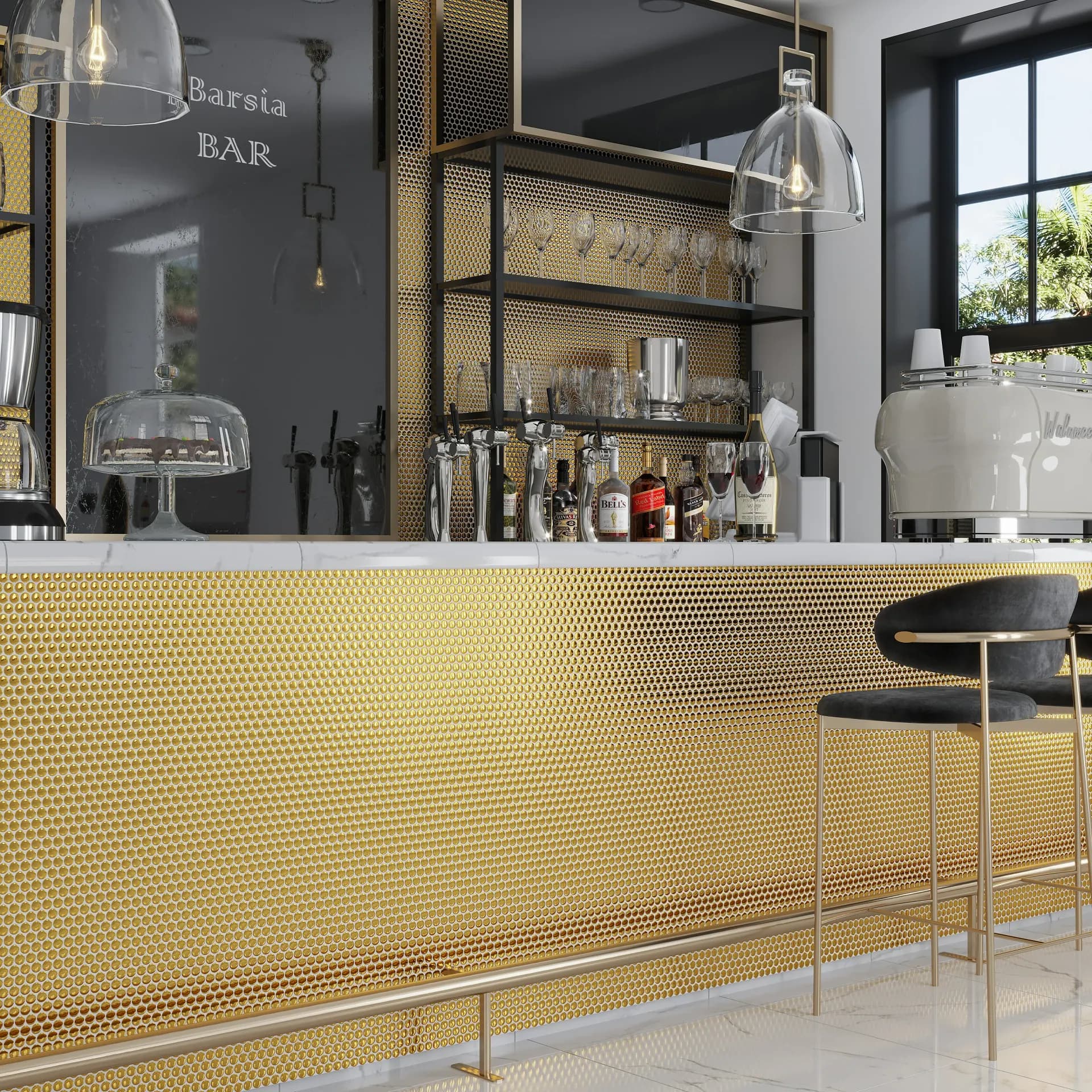 Gold geometric pattern kitchen tiles