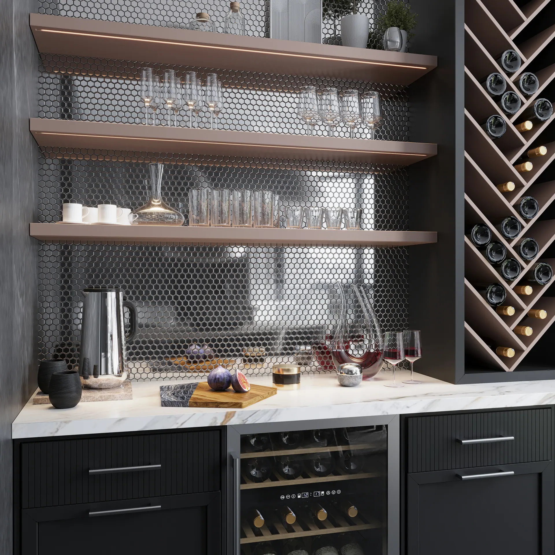 Silver hexagonal kitchen tile installation