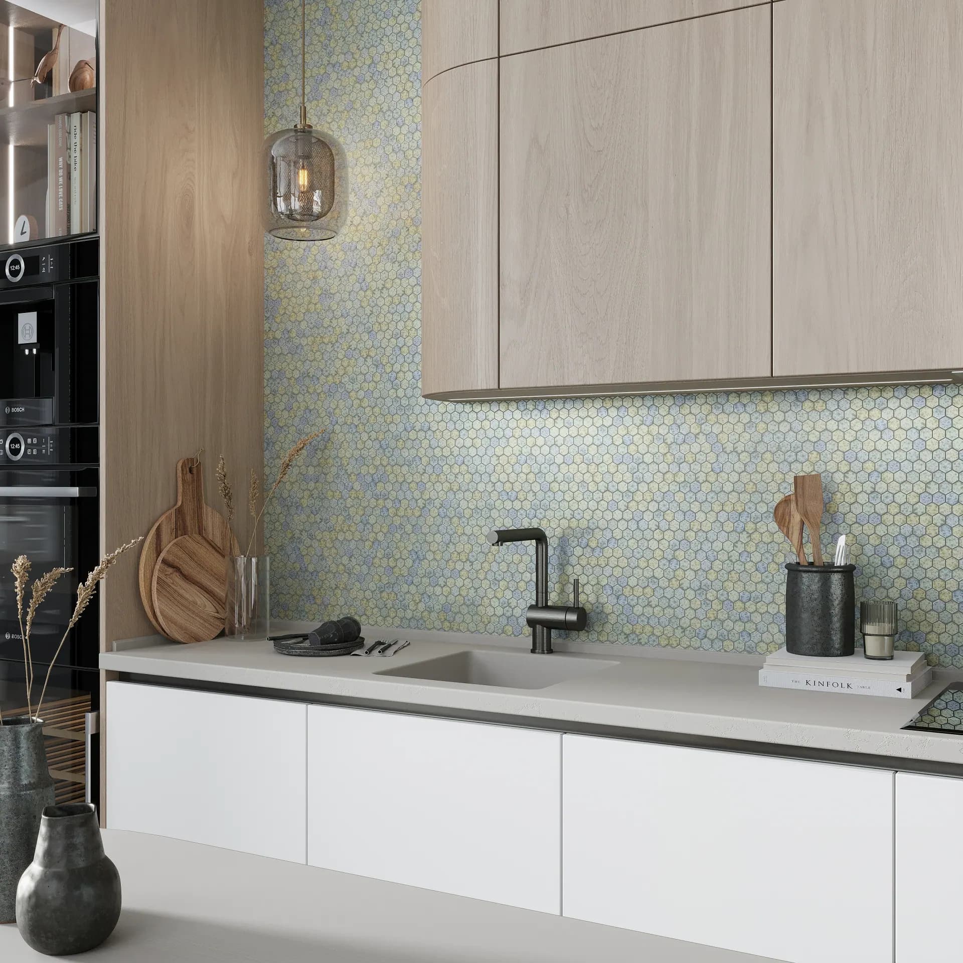 Pearl finish hexagonal kitchen tile installation